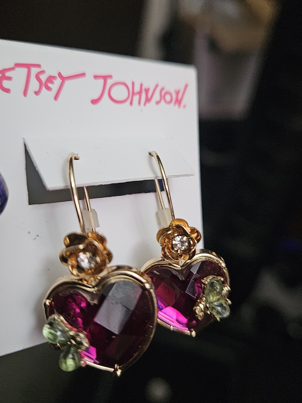 Betsey Johnson Gold-Tone Pink Heart & Green Accent Drop Earrings